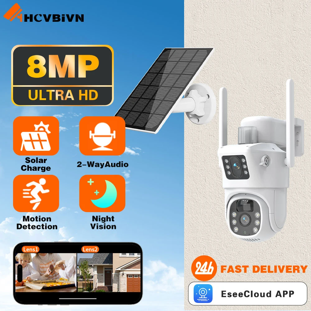 

Solar Cam WIFI Dual Lens 8MP HD Wireless Security CCTV Waterproof Night Vision PIR Human Detect PTZ Home Surveillance Cameras