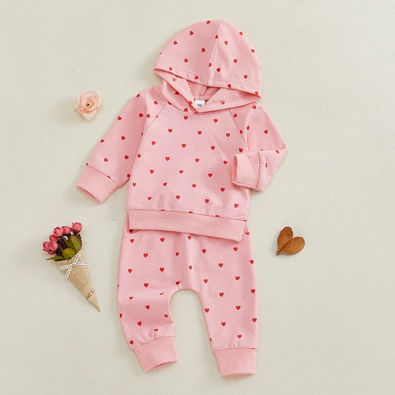 Toddler Girl 2Pcs Fall Outfits Long Sleeve Heart Print Hoodie Pocket Pants Set Baby Clothes