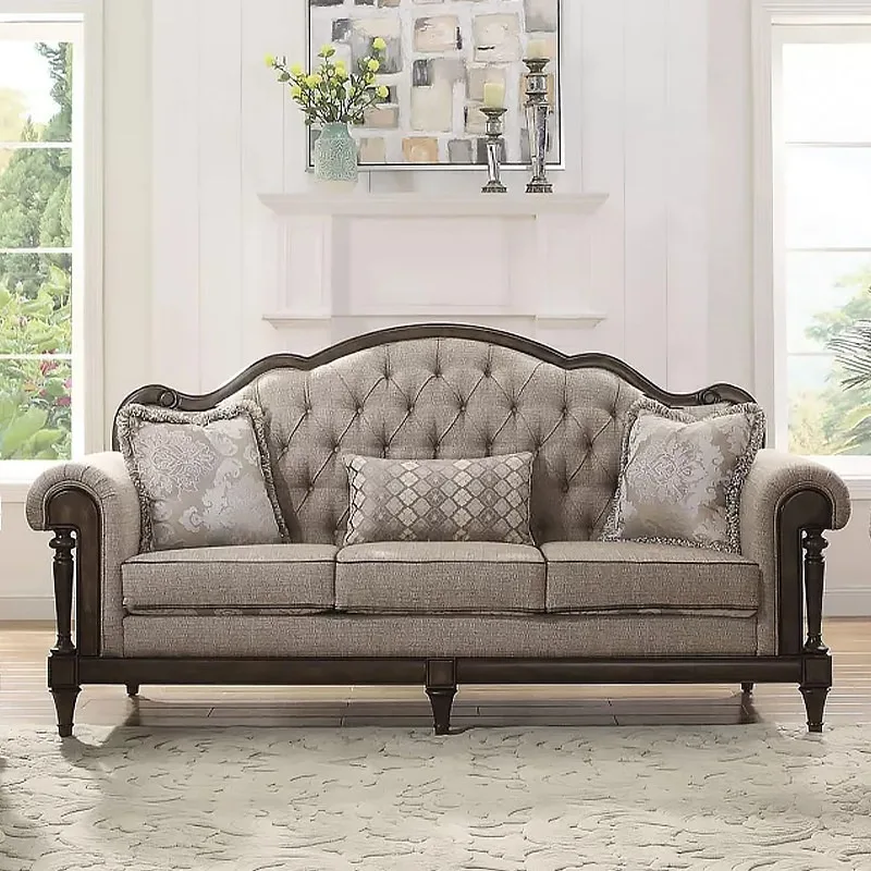 American retro solid wood sofa villa living room fabric jacquard three-person combination sofa French large flat sofa