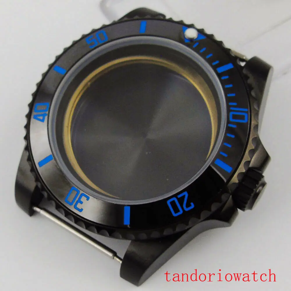 Black PVD 40mm Men's Watch Case Sapphire Glass Fit for ETA2836 Mingzhu2813 3804 Miyota8215 8205 821A Ceramic Bezel Blue Markers