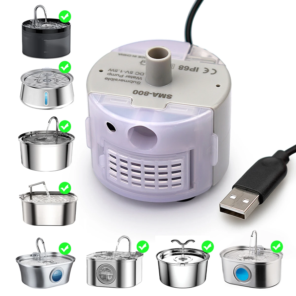 SMA-800 USB Geräuschlose Tauchpumpe Ersatzmotor, Leise Wasserpumpen-Zubehörteile Kompatibel mit Katzen-Trinkbrunnen
