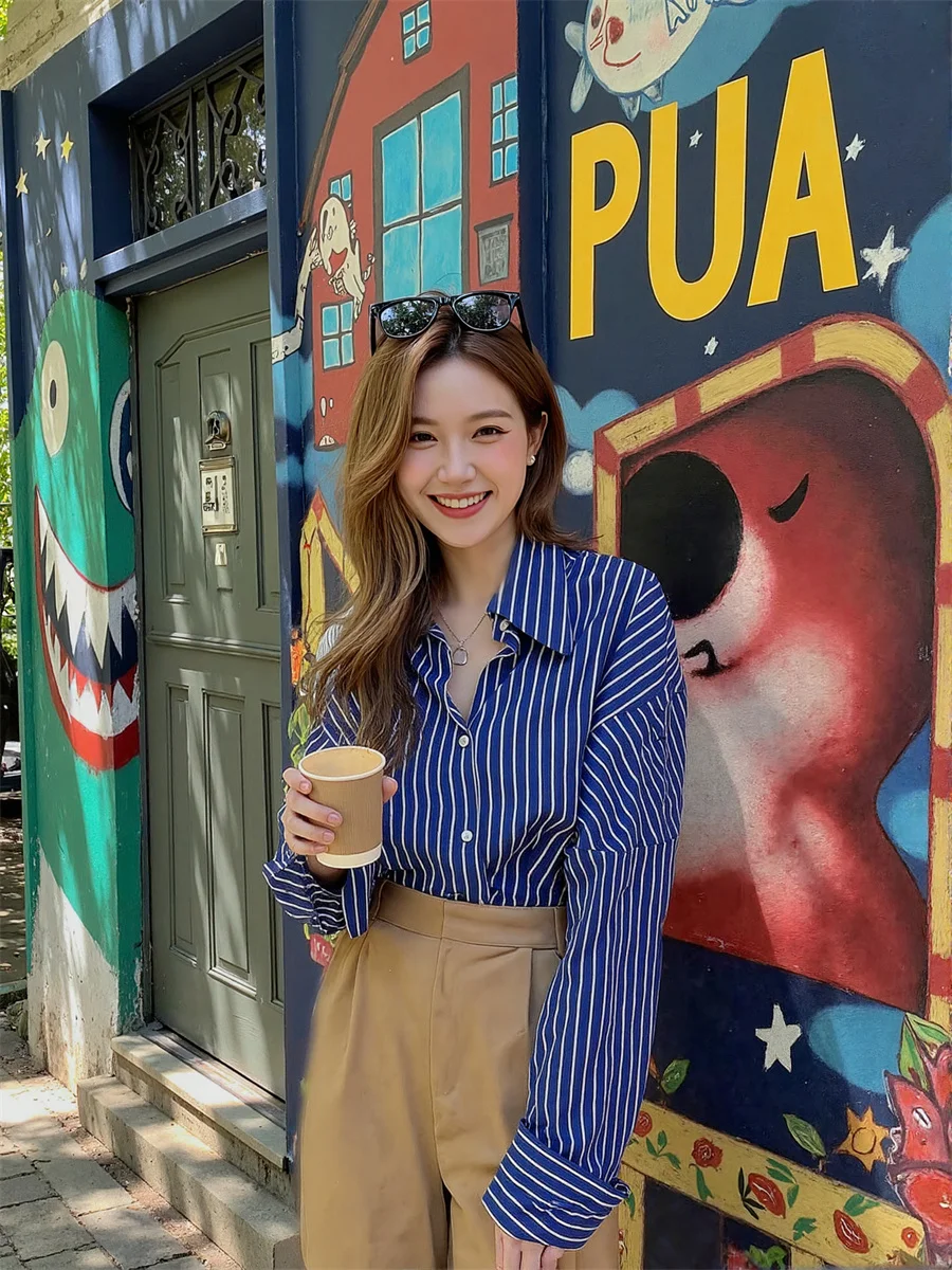 

Рубашки в синюю полоску, элегантные женские блузки, одежда, женская летняя милая рабочая одежда со средней строчкой, оригинальная этническая повседневная U OL