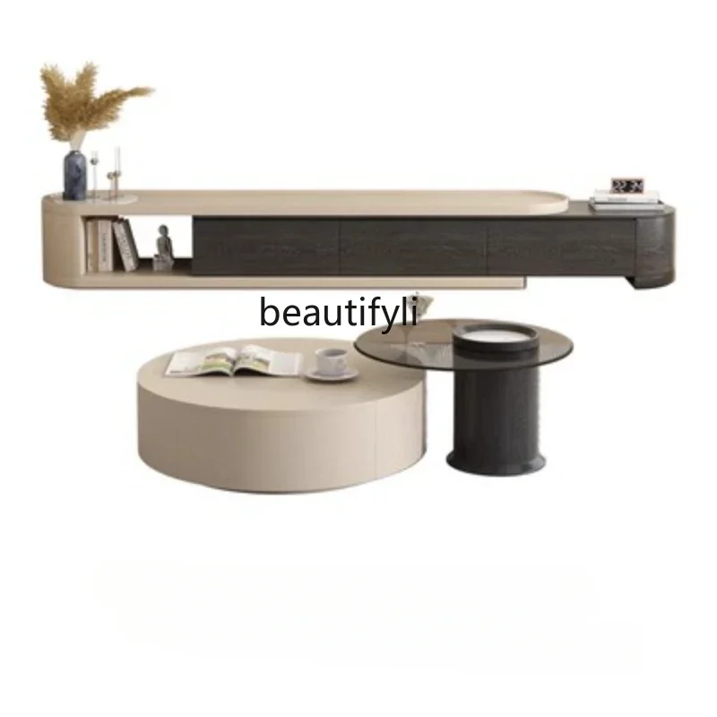 

xz1Stone Plate Retractable Coffee Table Living Room Home Light Luxury Cream Style Coffee Table TV Stand Combination