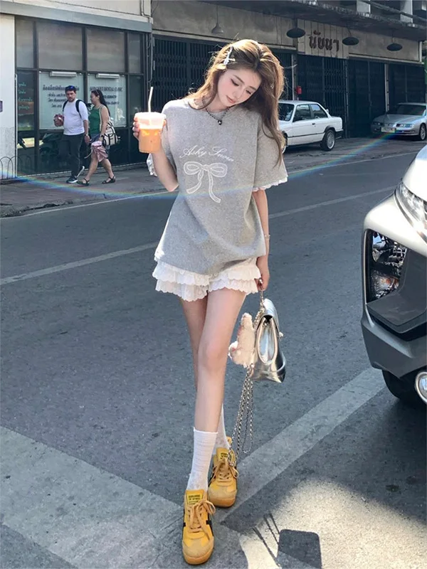 

Sweet Little Fragrance Style Lace Short Sleeve Dress Set for Women Summer Anti-Aging Small Size Cake Short Skirt Ensemble