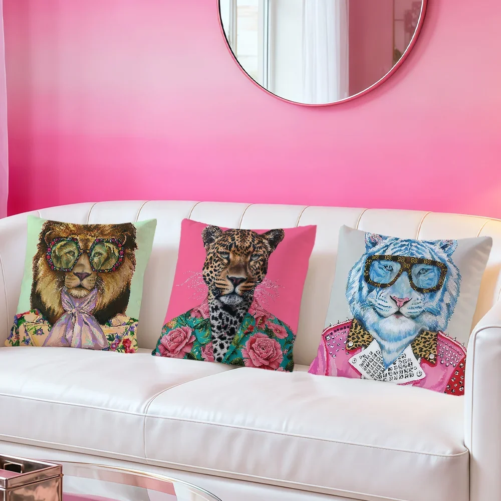 fashion art vintage Lion leopard Tiger Flower Hat soft Comfort Pillowcase Sofa Living Room Home office Decor Protective Covers