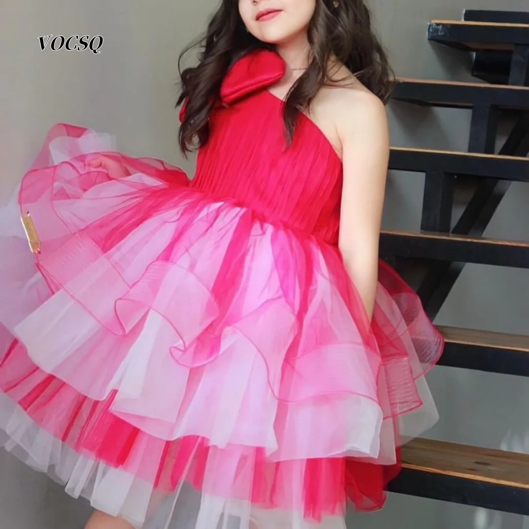 Flower Girl Dress Pink Gradient Tulle Puffy Skirt Big Bow Sleeveless Kids Princess Gown Wedding Party Children Formal Dress