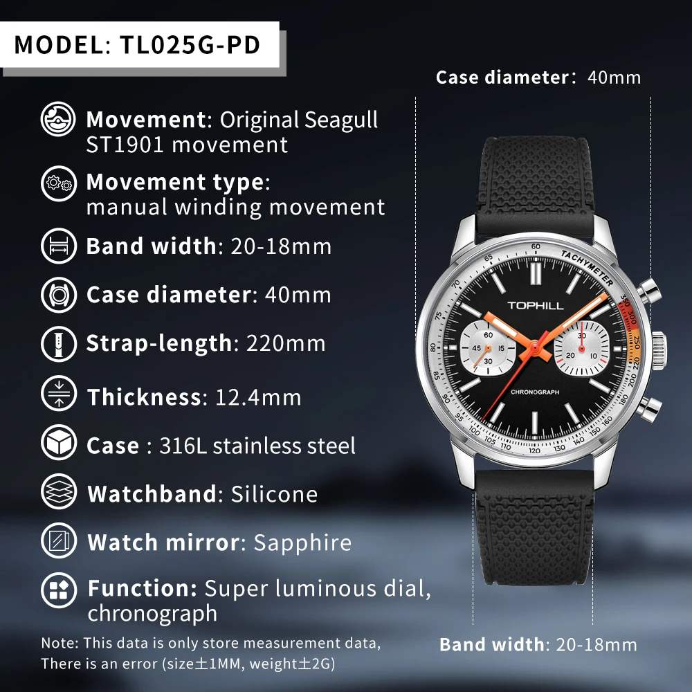 TOPHILL Limited 1963 Watches Luminous Panda Watch ST19 Seagull Movement Men\'s Wristwatch Mechanical Chronograph Sappire Military