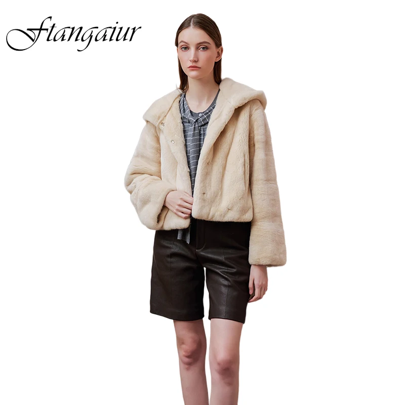 Ftangaiur Winter Import Swan Velvet Mink Fur Coat With Fur Hood Pearl Color Coat Women Short Natural Real Mink Fur Coats