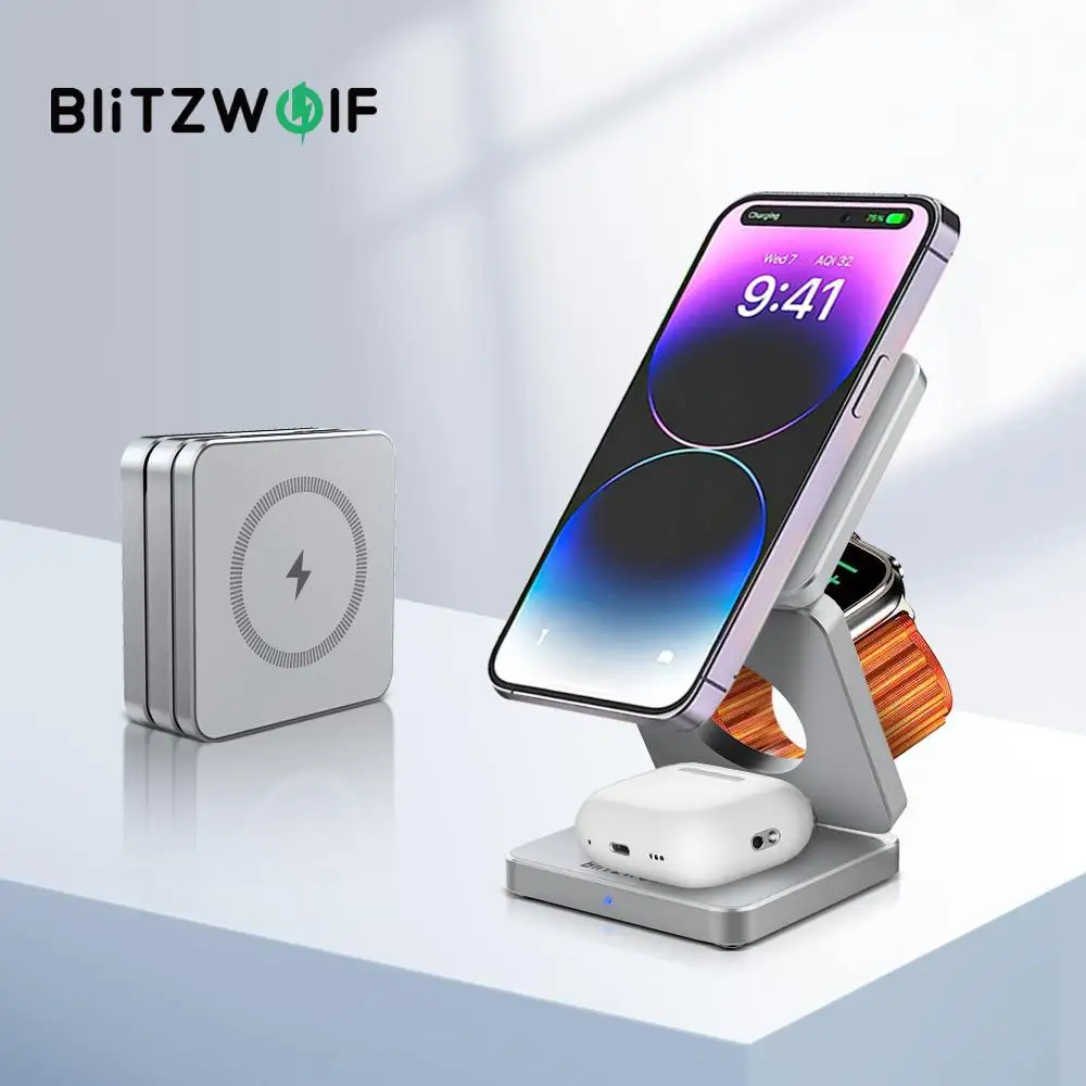 BlitzWolf BW-iw30 3-in-1 Foldable Magnetic 15W Wireless Charger Fast Charging Sation for 15 14 13 12 Pro Max for Smart Phone