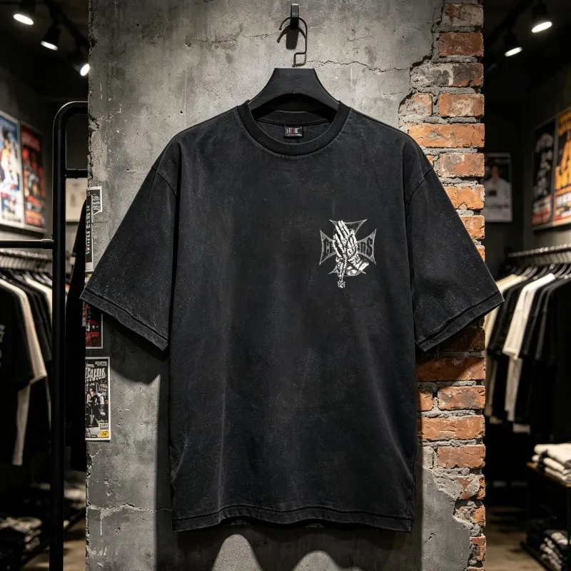 Washed Black West Coast Choppers Tshirts Bone Knot Skeleton Necklace Prayer Gesture Print Short Sleeve Men Women Streetwear