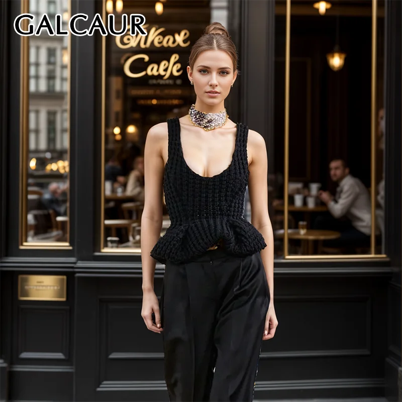 

GALCAUR Korean Solid Vest Round Neck Sleeveless Off Soulder Patchwork Folds Knitting Pullover Summer Slimming Tank Tops Female