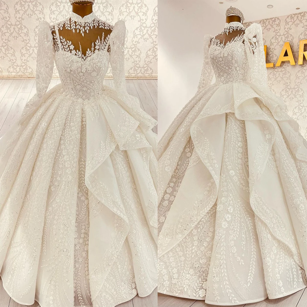 Gorgeous Ball Gown Wedding Dresses Beading Appliques Lace Bridal Gowns Custom Made Long Sleeves Sweep Train Boho Robe De