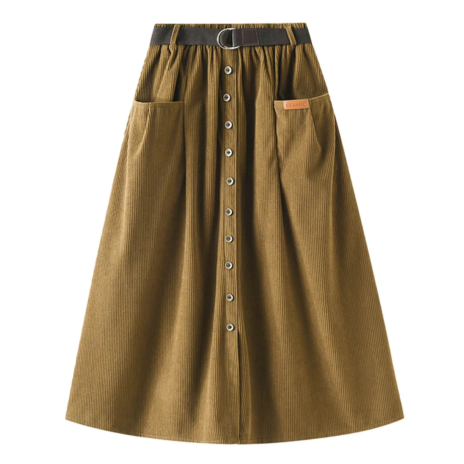 

Ladies Corduroy Mid Length High Waisted A Line Half Bodies Skirts Solid Color Simplicity Pocket Vintage Casual Skirts For Women