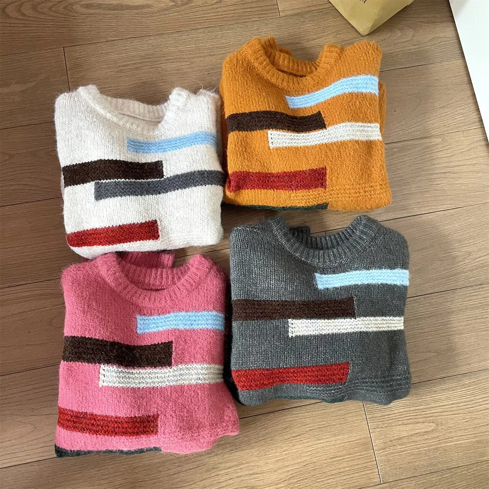 

Свободный вязаный шерстяной вязаный свитер в полоску с цветными блоками, женский 2025г