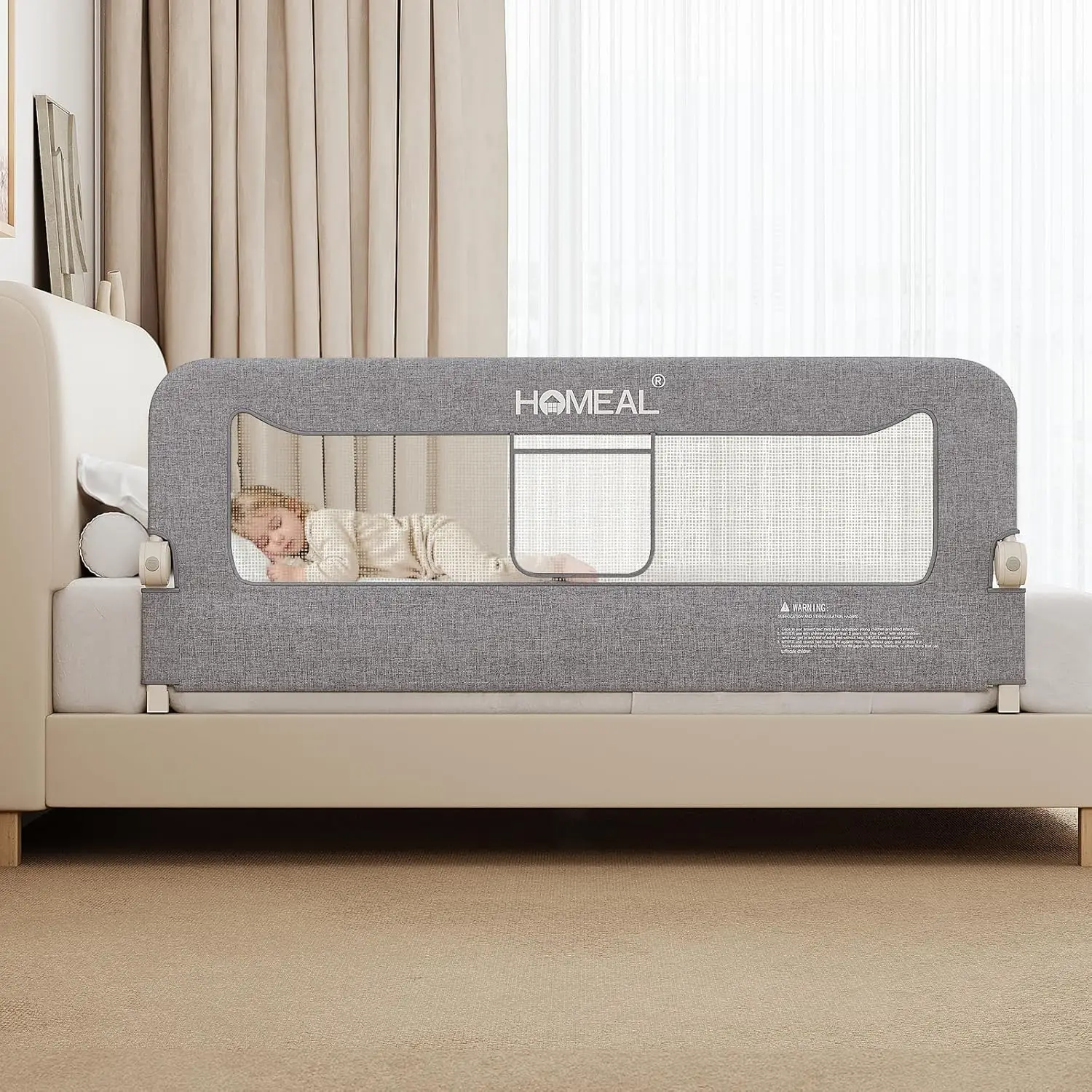 Protetor de trilho de cama infantil dobrável de 59 polegadas para camas King, Queen, Full & Twin - Design de malha de segurança cinza
