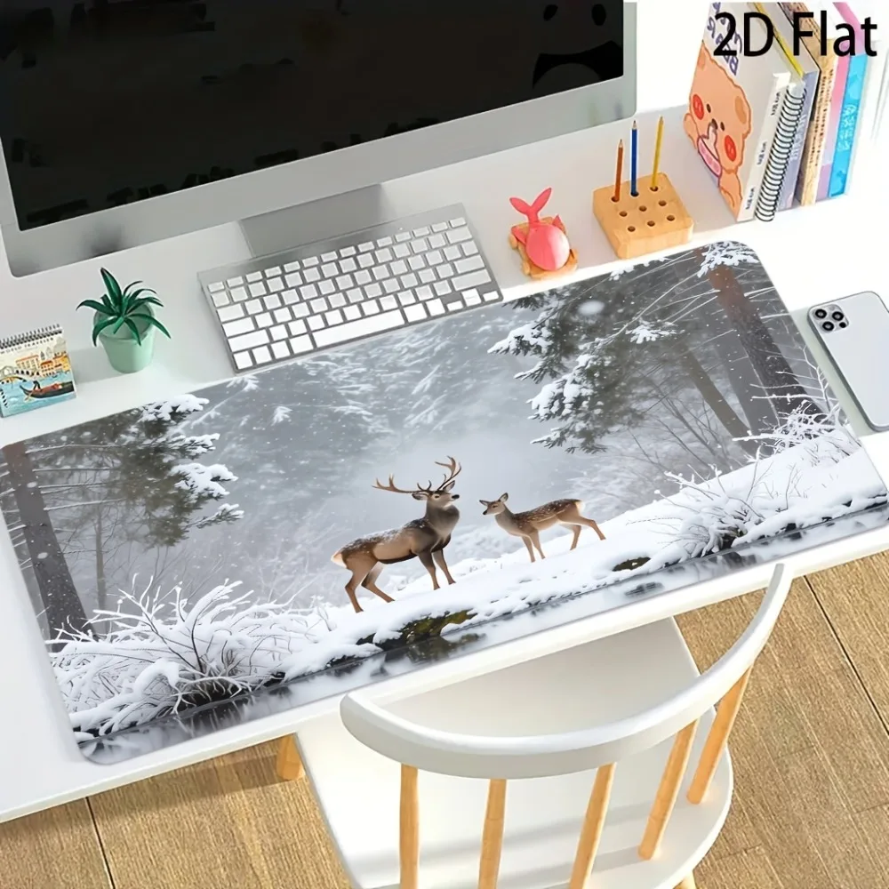 Deer And Fawn in Snowy Forest Landscape Large Non-Slip Mouse Pad, Suitable for Office Desk Supplies, Desktop Decoration