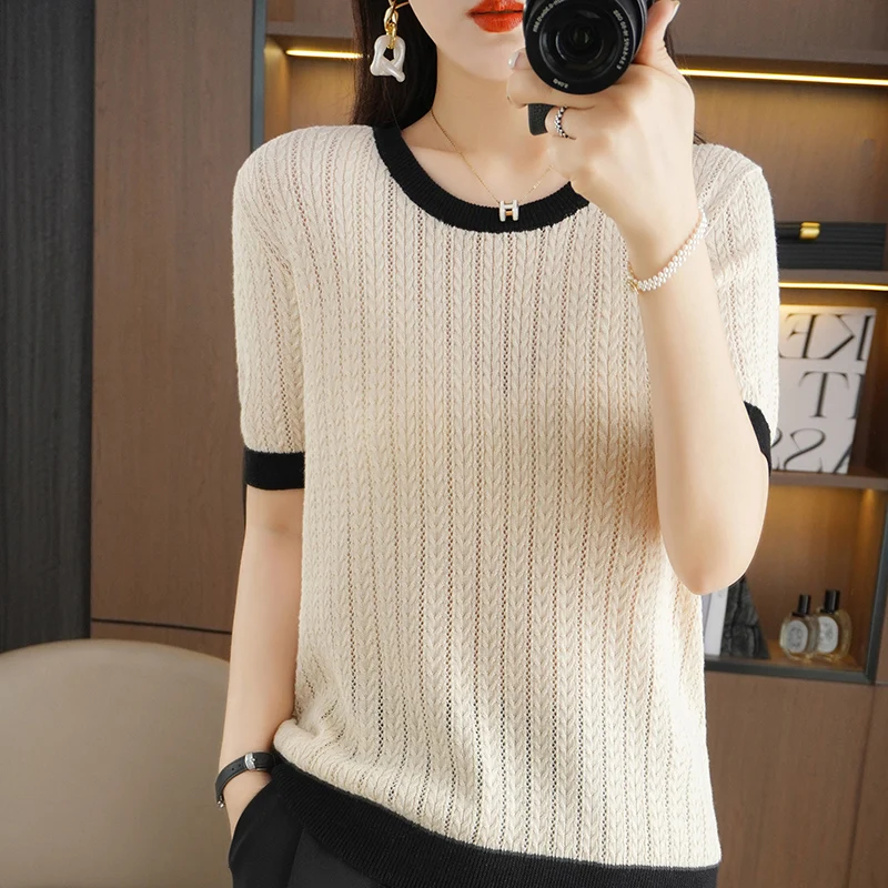 

Summer New Pure Cotton Women's Pullover Round Neck Contrast Hollow Out T-Shirt Fashion Casual Thin Skincare Top Short Sleeve