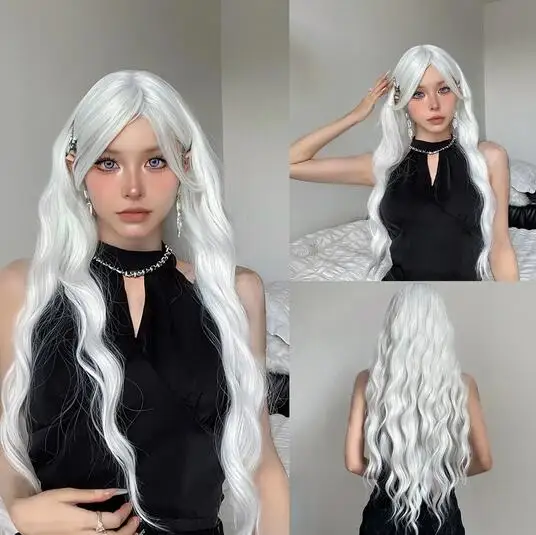 Long Water Wave Wig with Bangs White Colorful Cosplay Silky Wig for Women Daily Party Natural Soft Synthetic Hair Heat Resistant