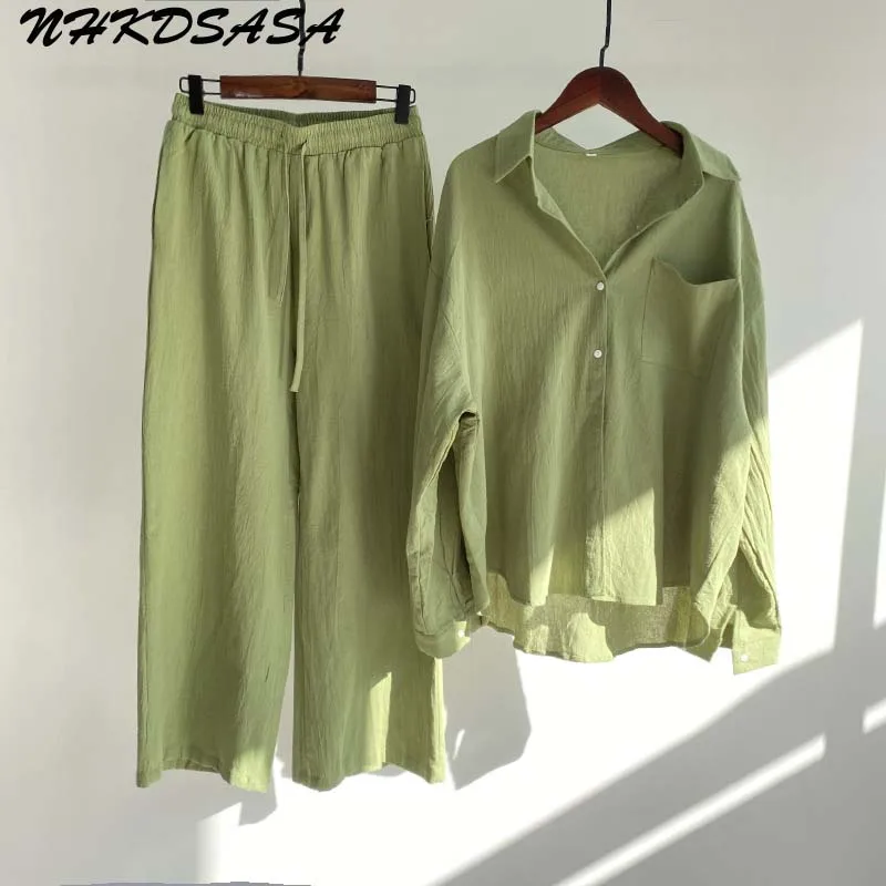 

Autumn Pant Sets Women Home Suit Cotton Long Sleeve Loose Shirt Elastic Waist Wide Leg Trouser 2023 Female Casual 2 Piece Sets