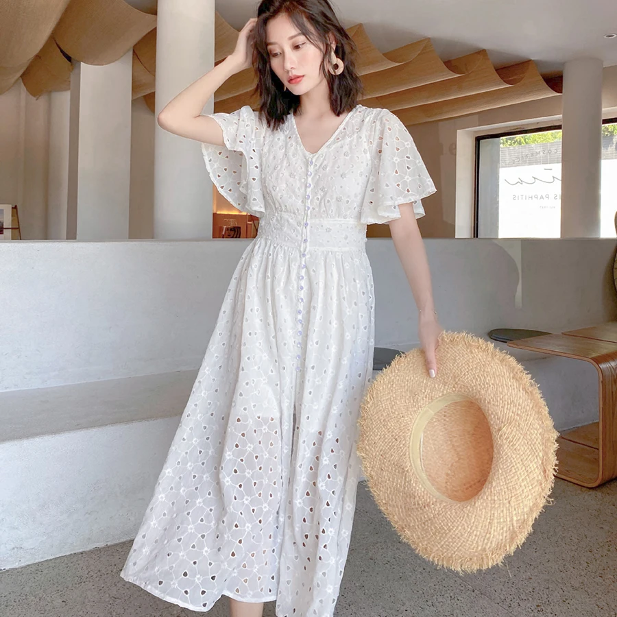 GypsyLady White Boho Midi Dress Cotton Elegant Vintage Chic Holiday Dress Women Hollow Out Button 23XL Sexy Ladies Dresses