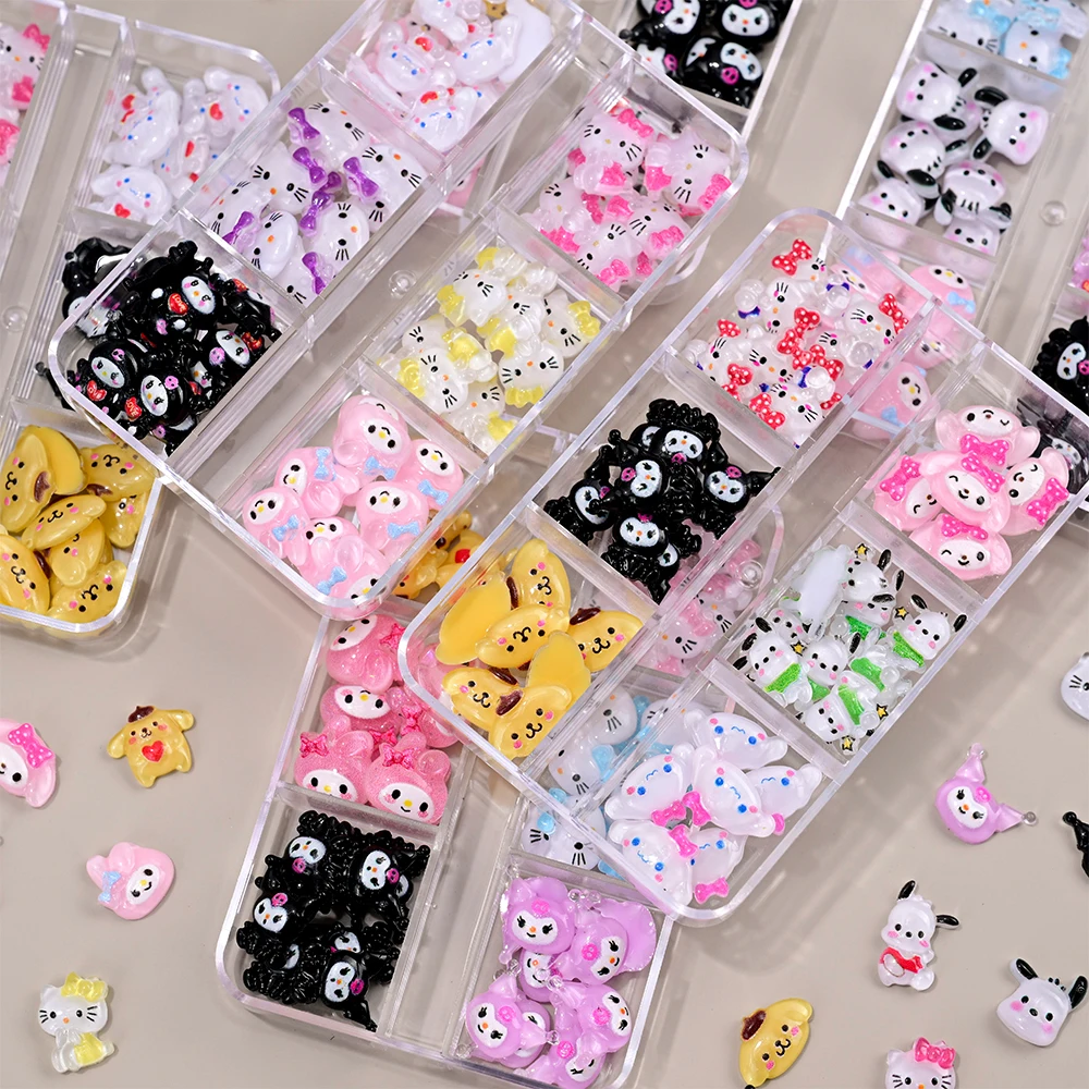 Breloques en biscuits pour ongles, bijoux de dessin animé, Hello Kitty, Kuromi, My Melody, série familiale Sanurgente mignonne, accessoires de pierres précieuses, 3D, 6x7, 48 pièces