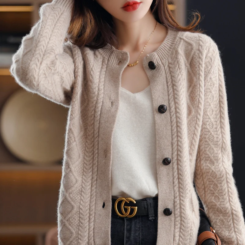 Ladies 100%Cashmere Cardigan O-Neck New Large Size Coat Knit Twist Base Shirts 2022 Spring Wild Thick Wool Sweater Women Jacket