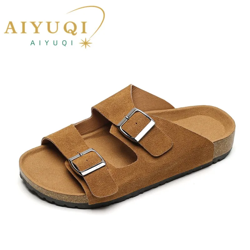 AIYUQI Slippers Women Genuine Leather 2024 New Summer Wear Round Head Flip Flops Women Beach Slippers Flat Retro Girl