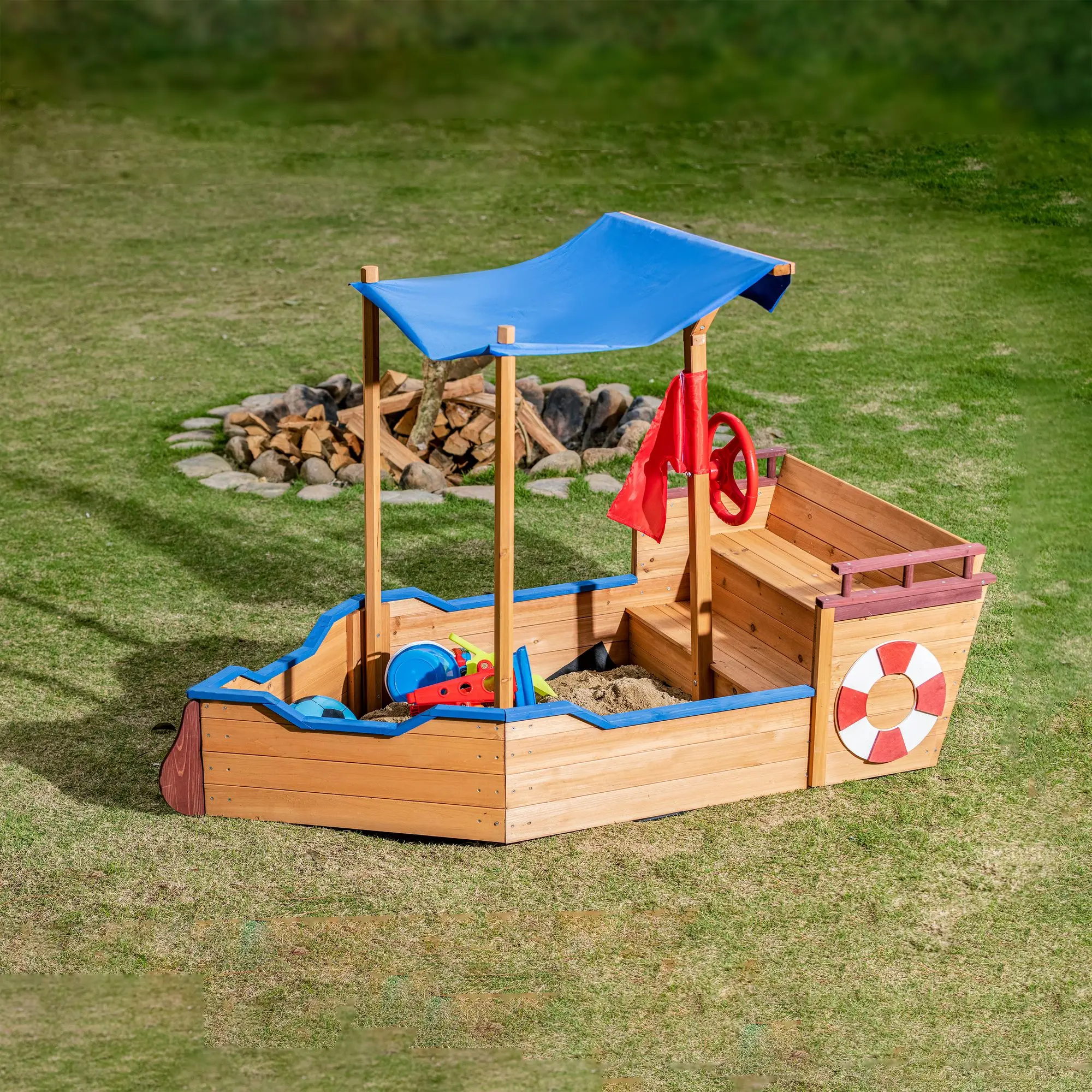 Pirate Ship Sandbox with Cover and Rudder, Wooden Sandbox with Storage Bench and Seat, Outdoor Toy for Kids Ages 3-8 Years Old