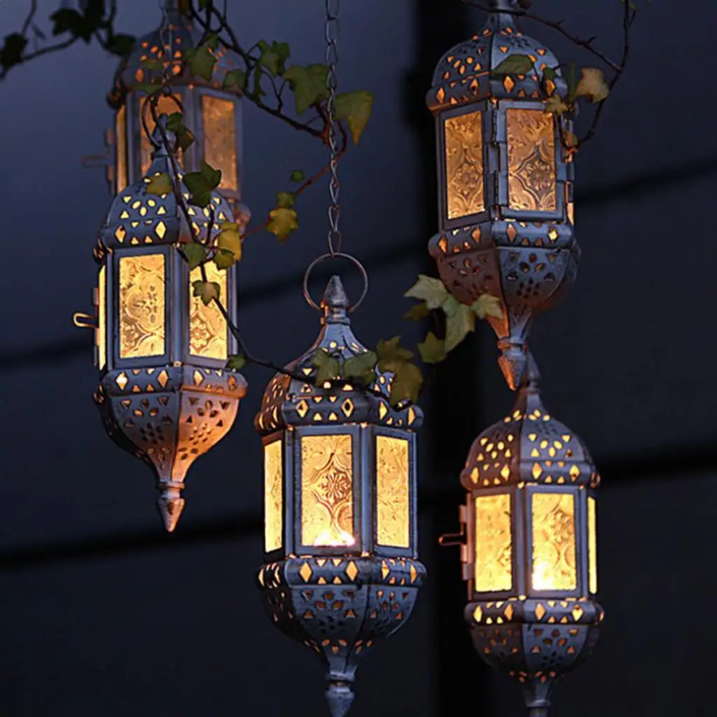 Hollowed-out Glass Candle Lamp Iron Chain Lantern Elegant Hanging Candlestick for Wedding Centerpieces and Home Decor