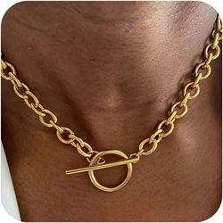 18K Gold Plated Chunky Necklace for Women Titanium Silver Clasp Chunky Toggle Necklace Statement T-Bar Clasp Gold Punk Necklaces