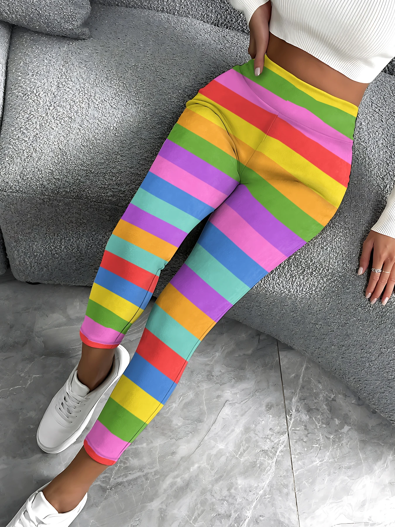 MSIEESO Fashion Leggings Women Rainbow Striped Splicing Legging Elastic Waist Pocket Yoga Pants Jogging Fitness Sportswear