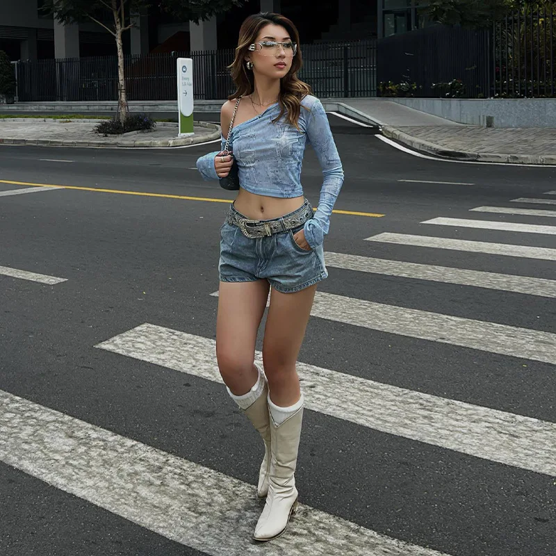 Hot Girl 2024 Summer New Single Side Oblique Shoulder Slim Fit Long Sleeve Sexy Navel Exposed Mesh Women's Top