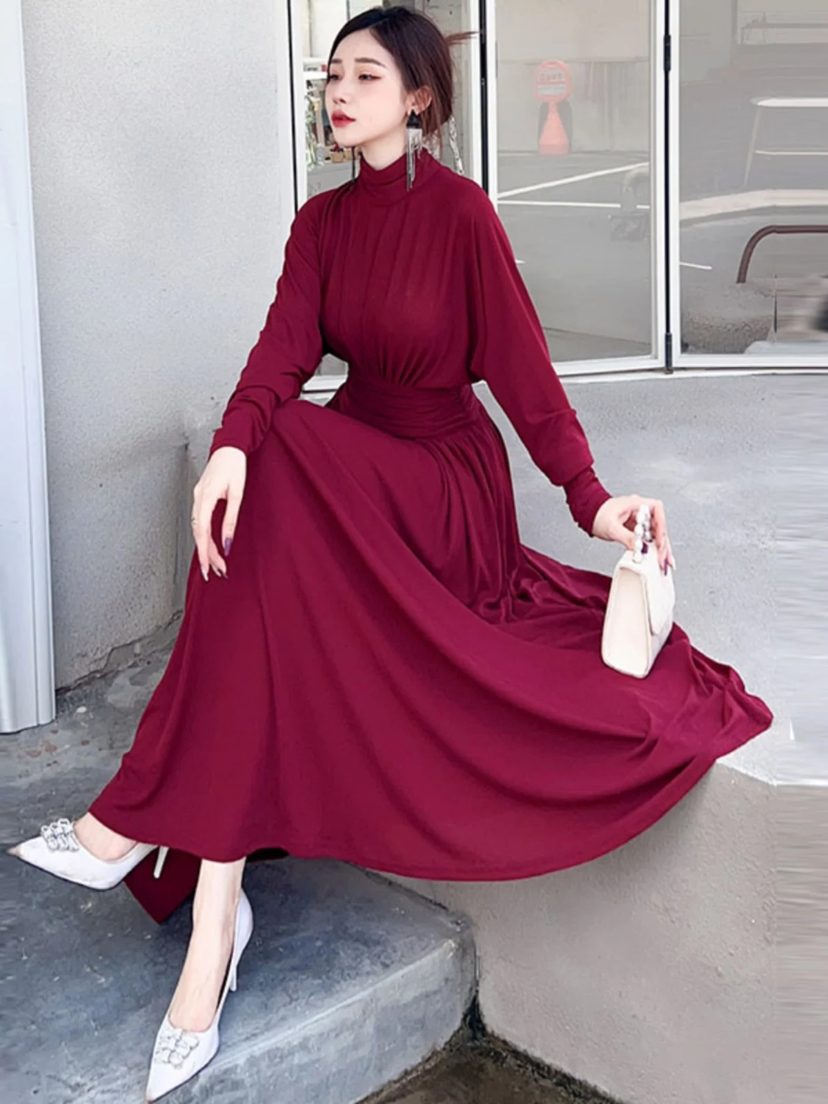 

High Waist Slimming Long Sve Dr Women's Flavorful Maxi Skirt Autumn Winter New Sle Gown Ele Draped A-Line Dr
