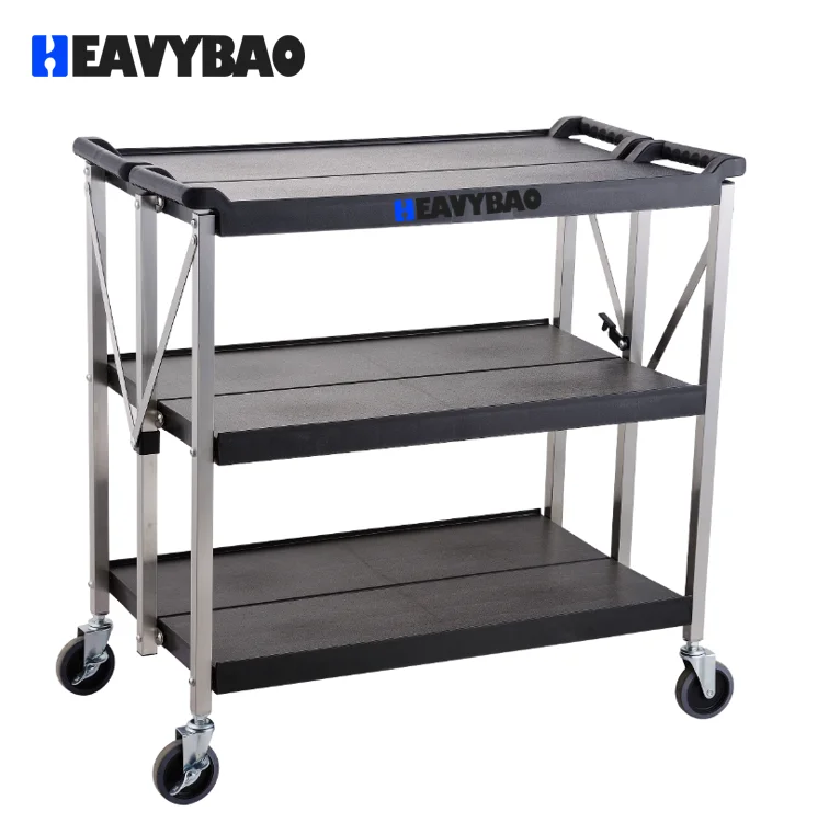 Heavybao Foldable Utility Service Cart 3-Tier Tool Cart For Restaurant Outdoor Storage And Transport With Stainless Steel Frame