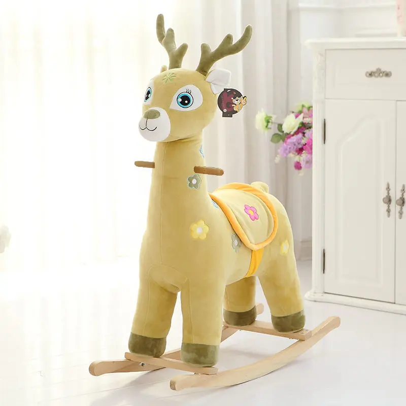 Children\'s Wooden Horse Giraffe Rocking Chair Plush Rocking Horse Toy Baby Gift Adults Can Sit Internet Celebrity Jumping Horse