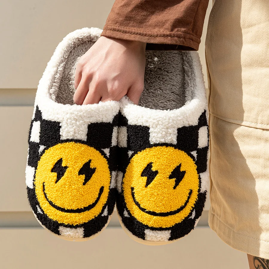 Big Smiling Face Women Home Slippers Warm Cartoon Checkerboard Grid Soft Sole Men Bedroom Non-slip Comfy Plush Shoes Winter