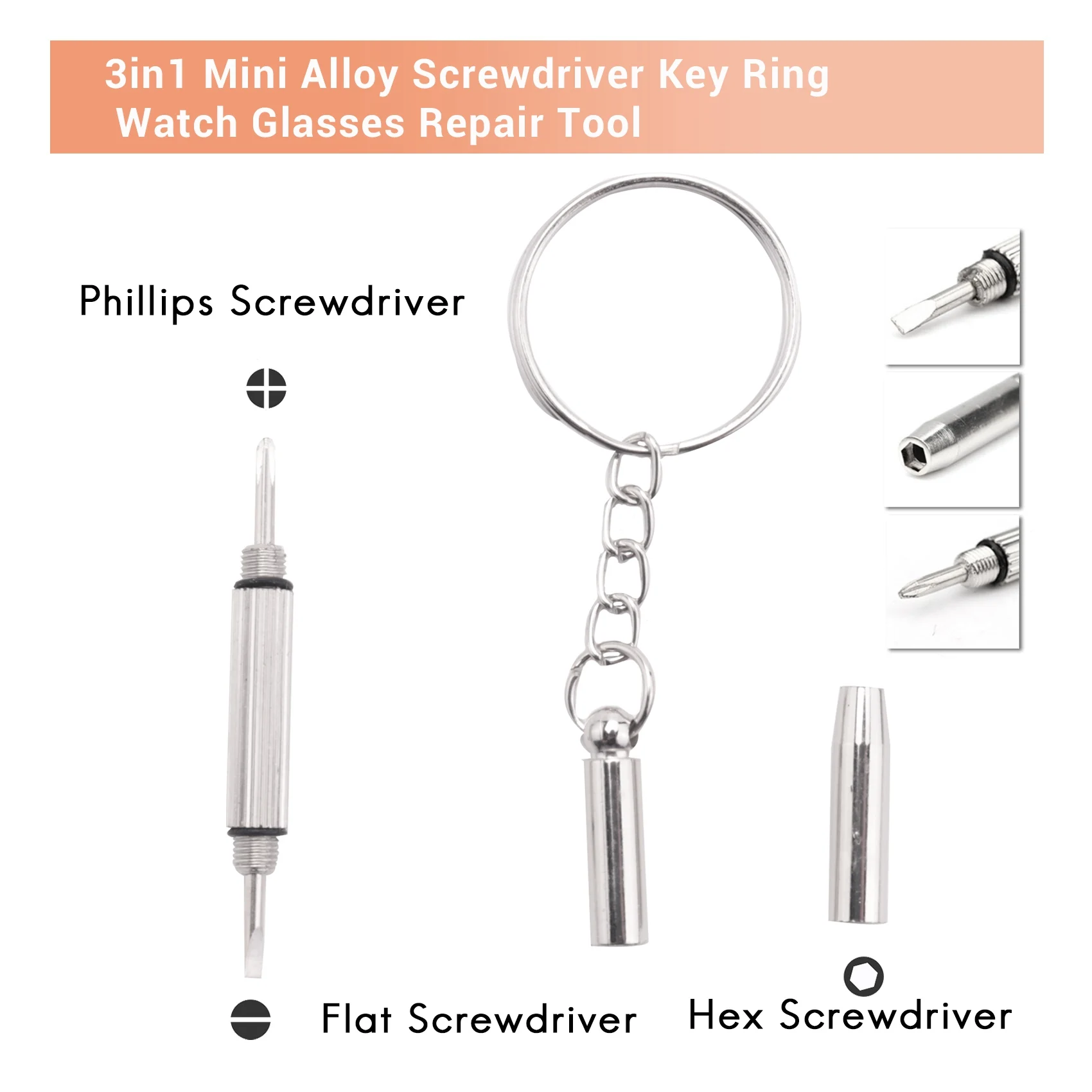 AA83 3in1 Mini Alloy Screwdriver Key Ring Watch Glasses Repair Tool