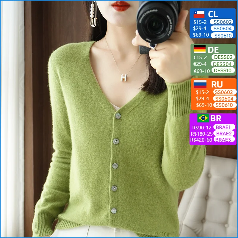 

Women Fine Wool Sweater V-neck Solid Color Cardigan Female Warm Casual Knitted Bottoming Coat Spring Autumn Comfortable Tops
