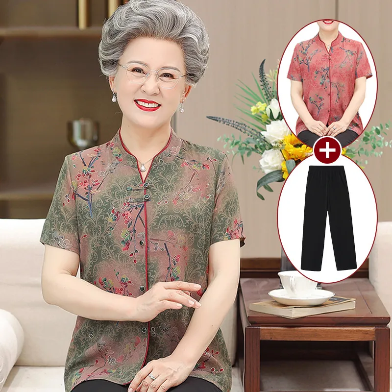 Elderly Women Summer Clothes Fashion Short Sleeve Breathable Cardigan Shirt Middle-aged Mother Blouse Grandma Tops Sets 2PCS 6XL