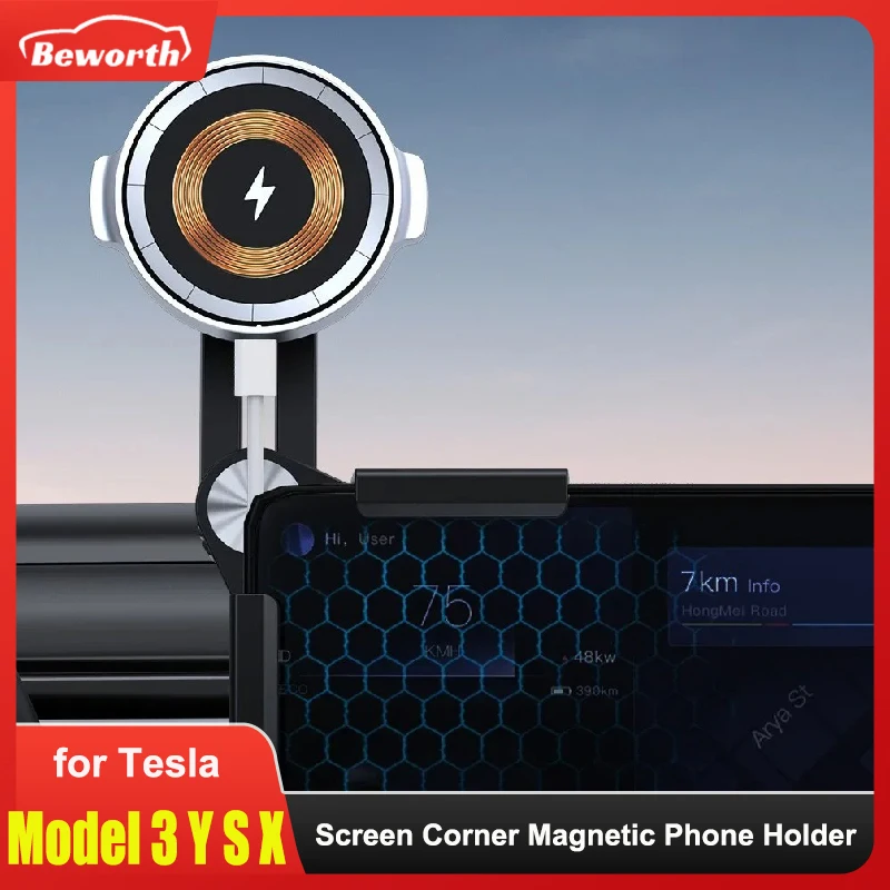 

Угловой магнитный держатель для экрана центральной консоли, кронштейн для телефона Tesla Model 3 X S Y Juniper Highland 2025, подставка для беспроводного зарядного устройства