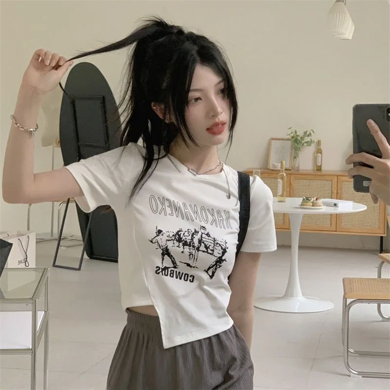 

Летняя футболка с круглым вырезом и коротким рукавом, женская, асимметричная, укороченная, сексуальный топ для молодых женщин