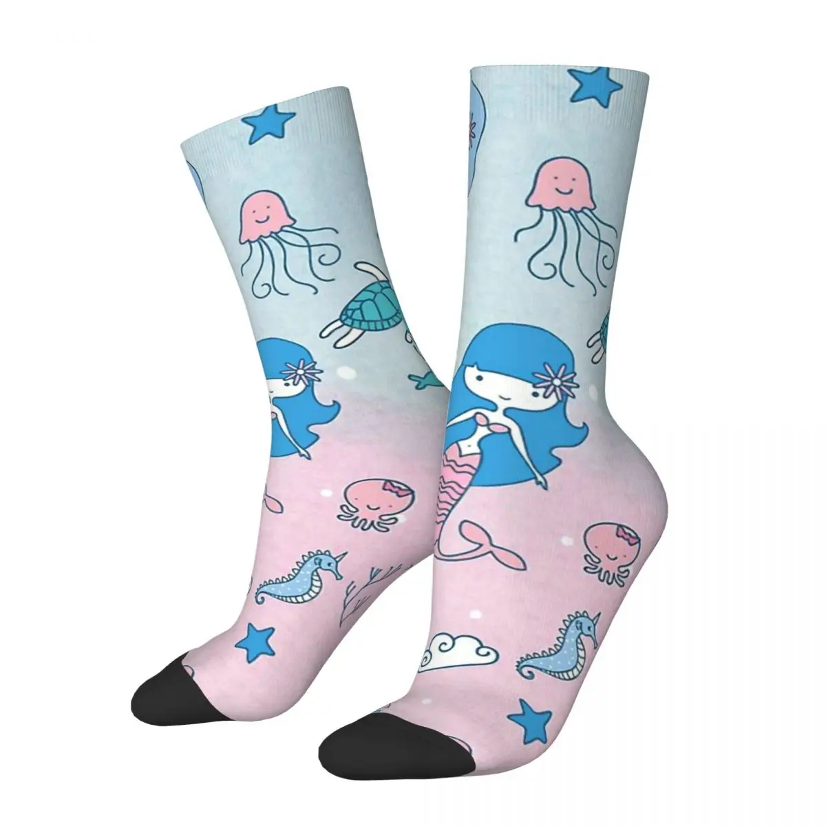 Retro Mermaid Pattern Cute Mermaids Design Crazy Men's Socks Unisex Ocean Pattern Harajuku Pattern Printed Novelty Crew Sock