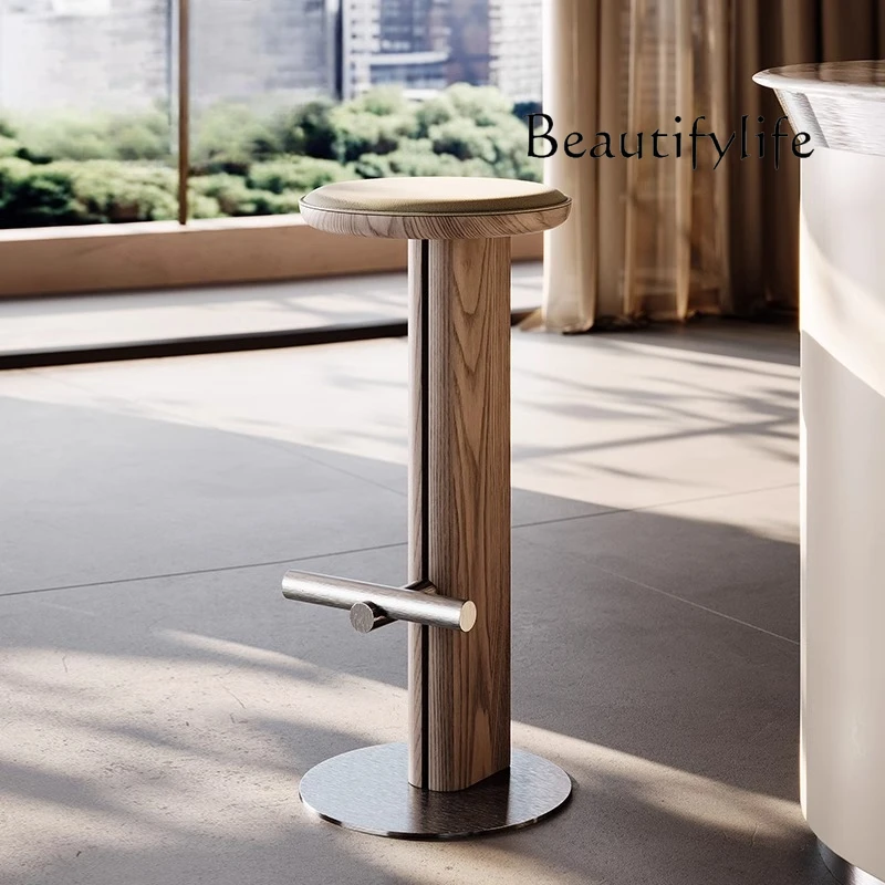 

Italian minimalist bar chair household solid wood tall modern minimalist cafe bar chair leather