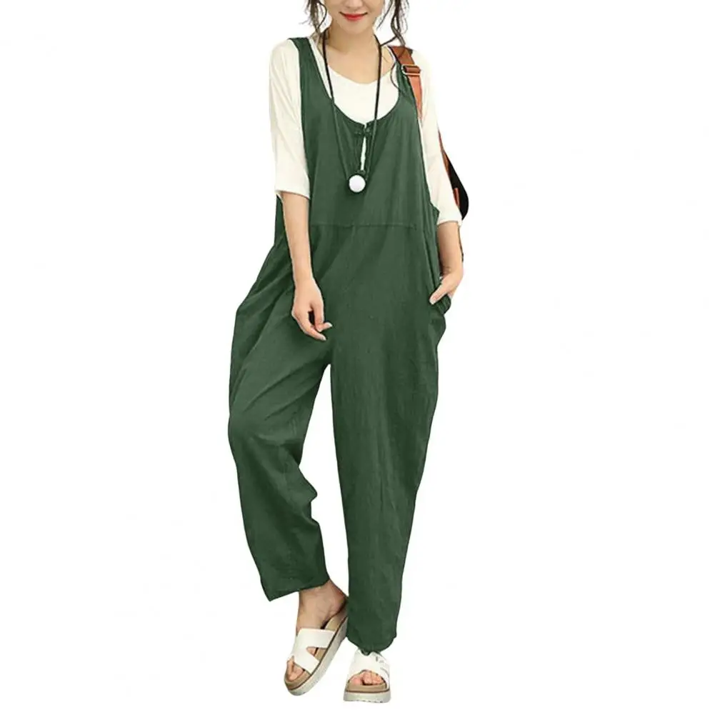 Women Long Jumpsuit with U Neck Wide Leg Sleeveless Overalls Design Side Pockets 2024 Summer