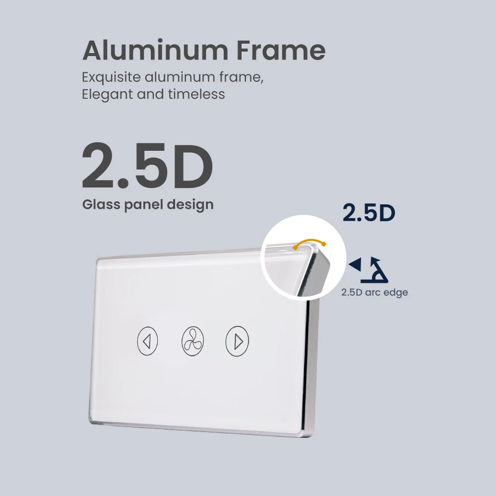 

LOUYSGEN Tuya Smart Wi-Fi Вентилятор Выключатель света США Алюминиевая рама 2.5D Arc Edge Таймер Расписание Настенный выключатель света Нейтральный провод Стекло
