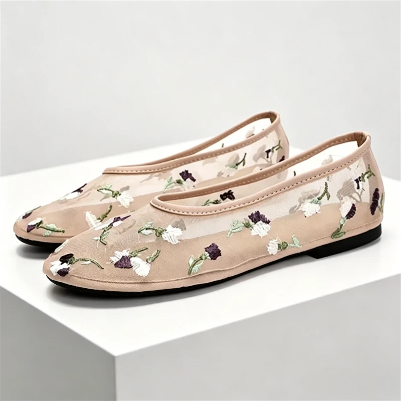 Hand Embroidered Flowers Designer Mesh Hollow Flats Ballet Shoes Women Summer Light Breathable Mary Jane Shoe Elegant Mules Shoe