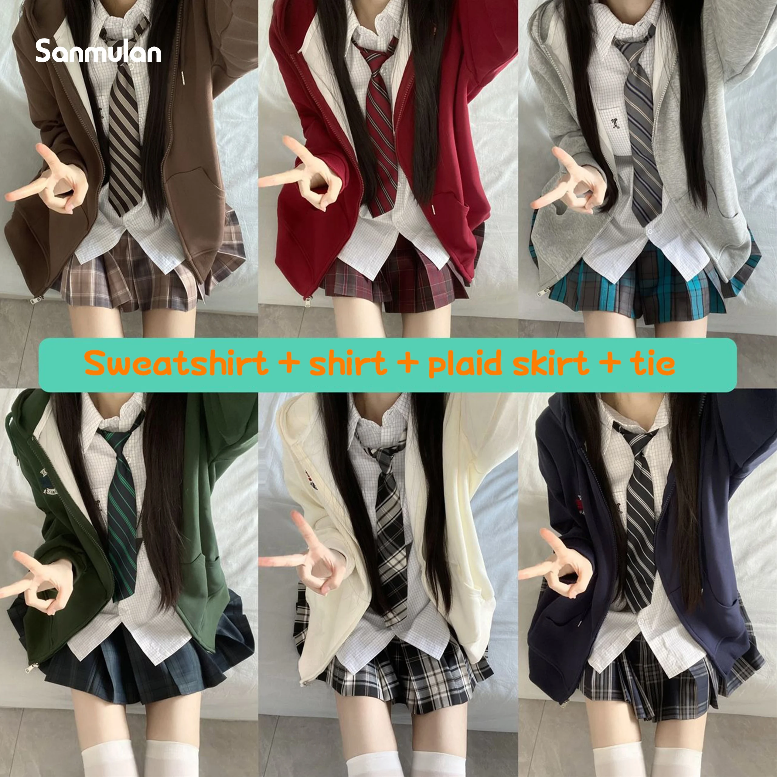 

Japanese Korean JK Sweatshirt Layered Uniform Suit Shirt Plaid Skirt College Style School Uniform Wear Cute Role Play Fashion