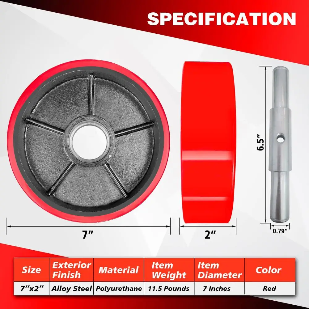 Pallet Jack Steer Wheel Kit 7"x2" Polyurethane Red Bearings Axle Caps 2PC Set