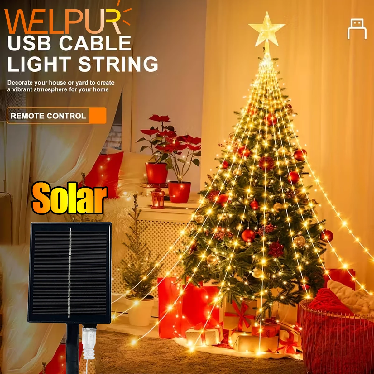 2/3 متر LED شلال شجرة الديكور USB بالطاقة الشمسية عيد الميلاد ستار سلسلة أضواء للحفلات حفلات الزفاف عطلة ديكور #1