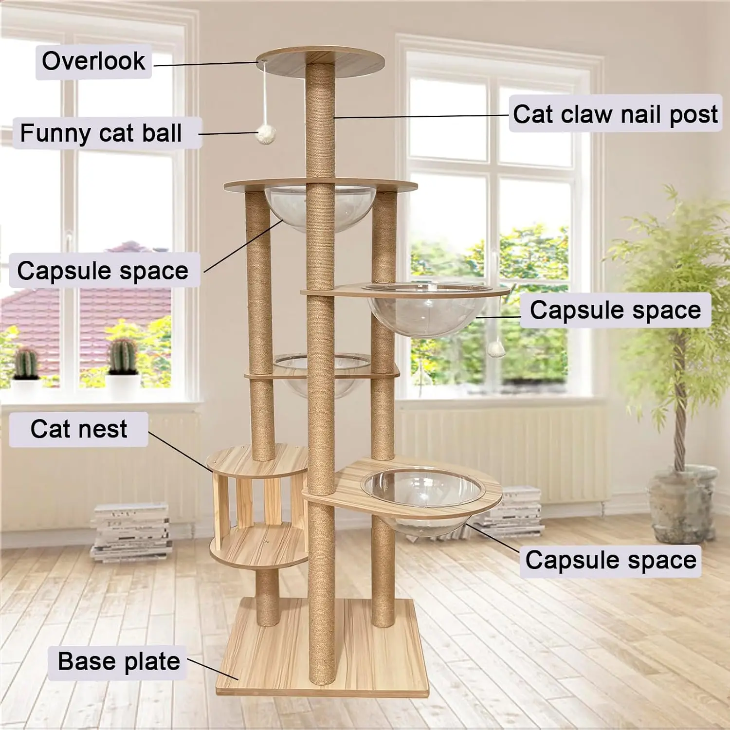 72.1-Inch Large Cat Tree for Indoor Adult Cats, 4 Bowls & 12 Sisal Posts with Cage Perch Toy Balls Wood, Customized - view 2